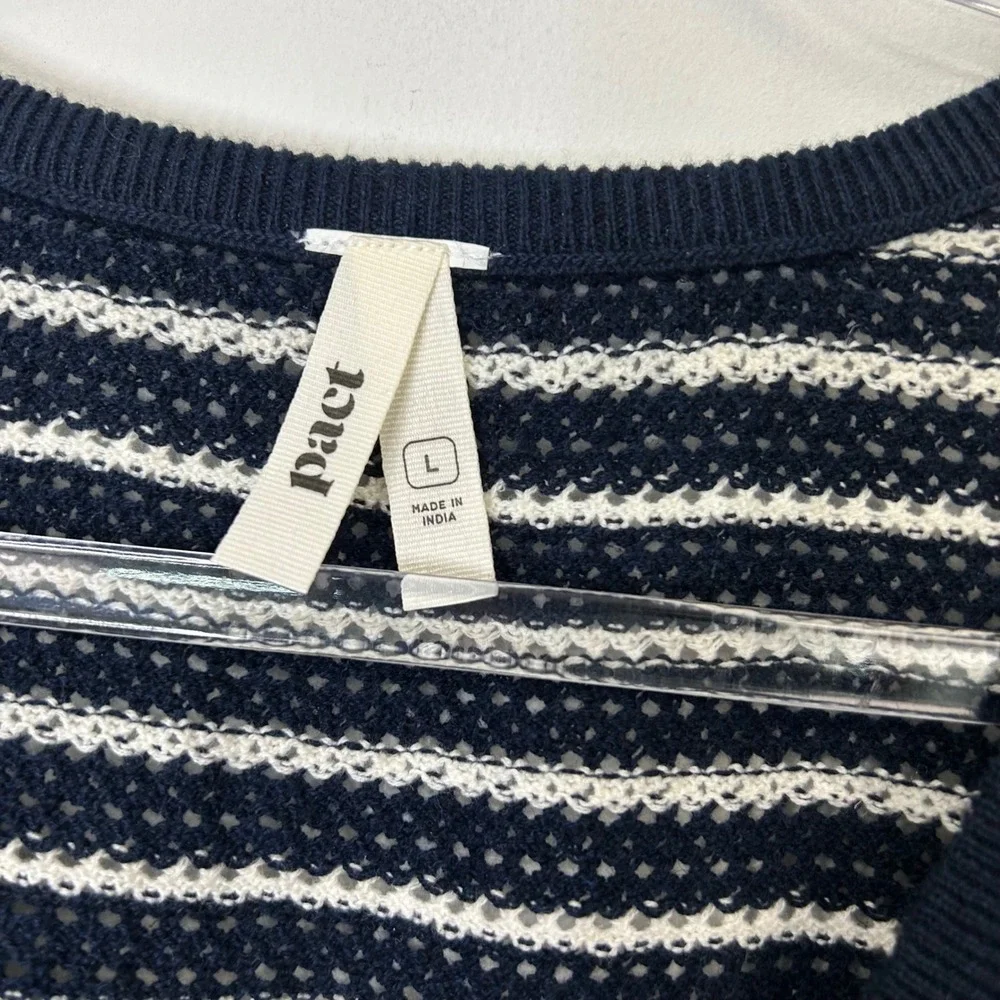 Pact Cotton Crochet Knit Top Women's Large Blue White Stripe Short Sleeve